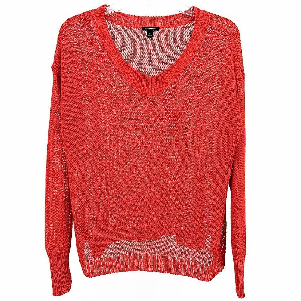 Ann Taylor Lightweight Loose Knit Mesh V Neck Sweater Orange